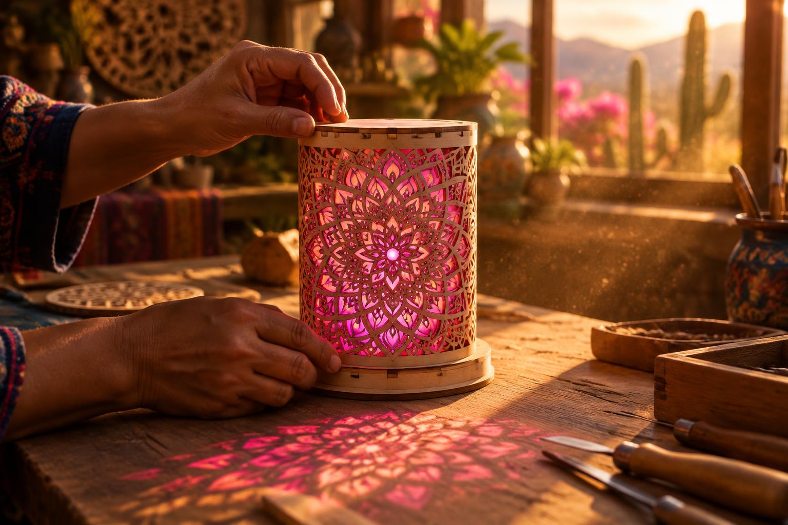 Artesano armando una lámpara Ilumik con luz magenta